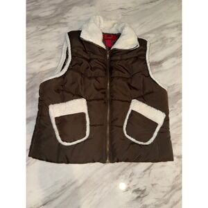 Paris Blues Brown Puffer Vest Sherpa Collar Pockets Size L